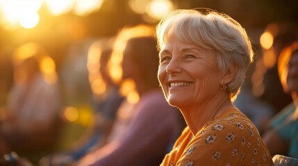 Happy smiling senior woman sitting with friends at an outdoor concert