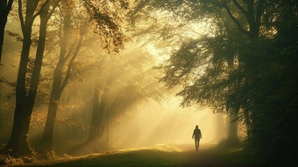Silhouette of a person walking through foggy forest with ethereal light streaming through trees creating a mystical atmosphere