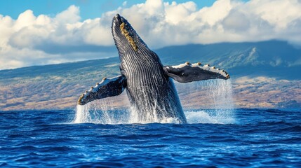 A humpback whale breaches the ocean's surface against a scenic backdrop.