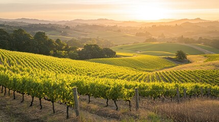 Naklejka premium A serene vineyard landscape at sunset, showcasing lush grapevines and rolling hills.