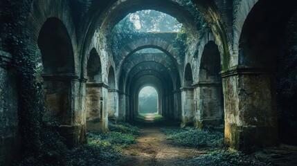 Obraz premium A serene, overgrown archway in a mysterious, abandoned structure, inviting exploration.