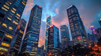 Fototapeta premium reflexive blur modern business skyline office building for business background. Blur futuristic business office.