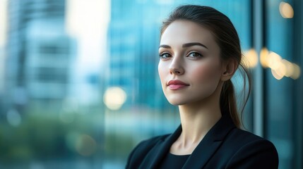 Naklejka premium A confident businesswoman in a high-rise office, looking out of the window with a serious yet optimistic expression, representing leadership and vision.