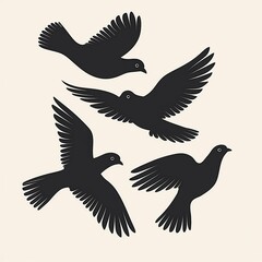 Fototapeta premium illustration: silhouette of flying birds doves on a white background. AI generation