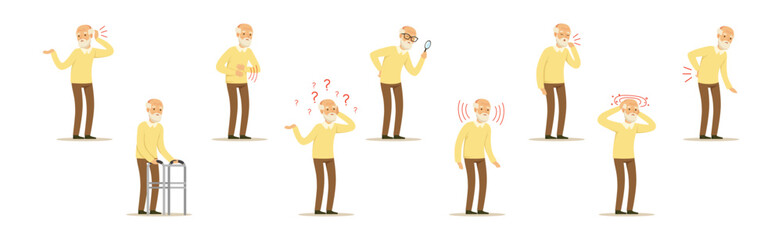 Elderly Man Character Suffer from Ache in Different Body Part Vector Set
