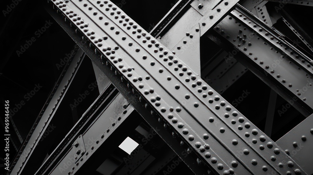 Poster abstract view of a metal structure showcasing beams and rivets in a monochrome setting.