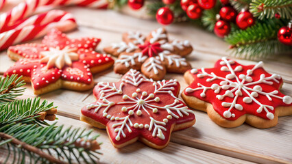 Decorative Christmas cookies shaped as snowflakes and stars on wooden table with pine branches