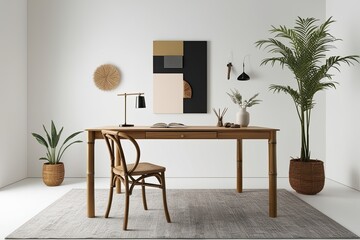3D Elegant Art Studio Design Featuring Minimalist Desk Bamboo Chair and Curated Accessories on White Background