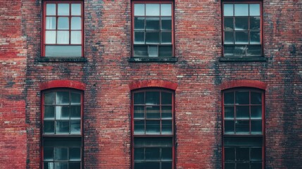 Fototapeta premium A close-up view of a weathered brick building with multiple windows.