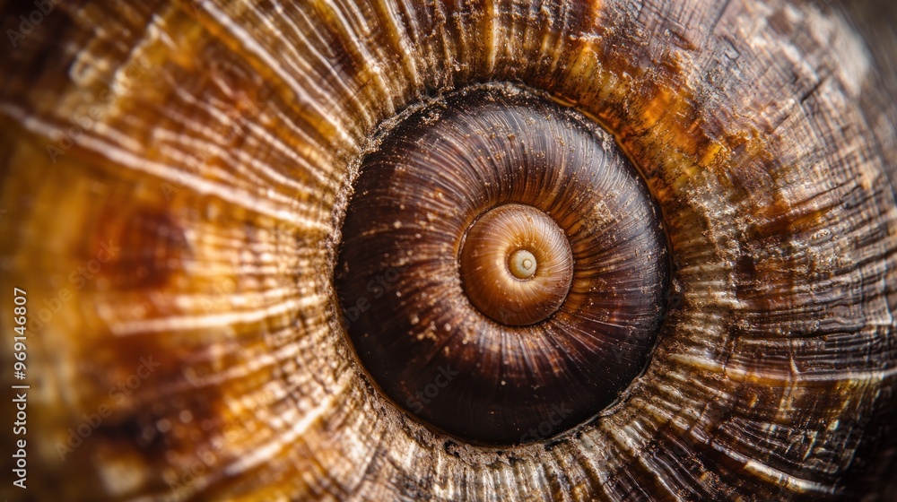 Poster close-up of a snail shell showcasing intricate patterns and textures.