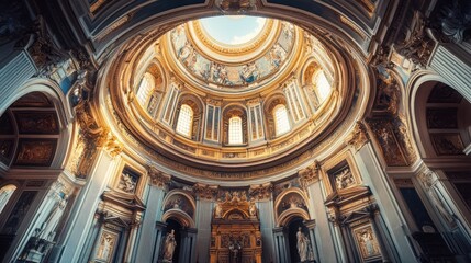Obraz premium Interior of a grand dome featuring ornate architecture and religious artwork.