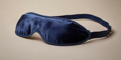 A blue sleep mask on a beige surface.