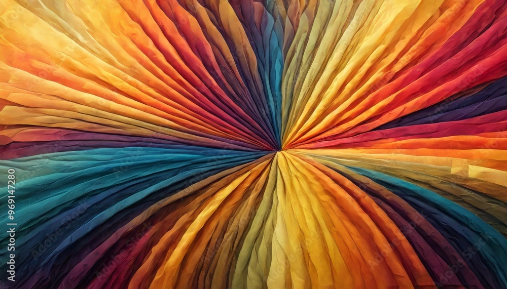 Poster high-energy abstract design with a vibrant radial pattern of colorful waves. the image bursts with s