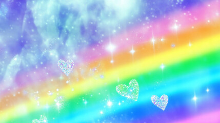 Colorful rainbow background, dreamy enchanting sky with clouds and lines.