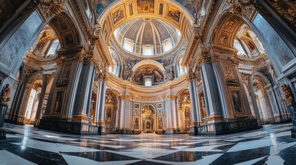 Obraz premium A grand interior of a historic church with ornate details and a majestic dome.