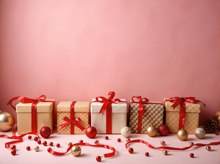 A bunch of Christmas presents lined up against a pink backdrop wall surrounded by decorations