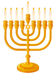 Golden Candle Stand with Nine Branches, Star of David and Burning Candles for Hanukkah Celebration - Menorah Vector Art 