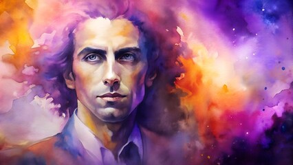 Watercolor background with blurred colors, portrait of a man