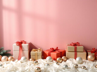 A bunch of Christmas presents lined up against a pink backdrop wall surrounded by decorations