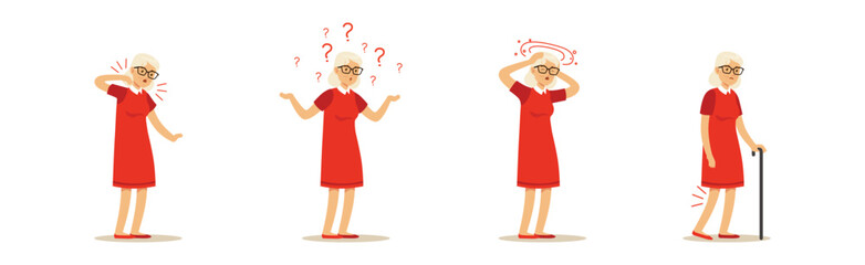 Elderly Woman Character Suffer from Ache in Different Body Part Vector Set