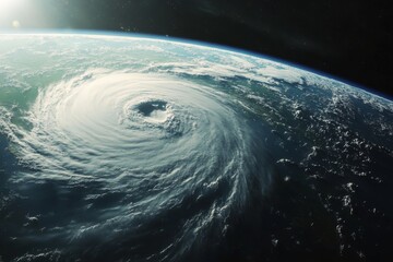 Magnificent spiraling clouds of a hurricane or cyclone over the planets surface. Super Typhoon