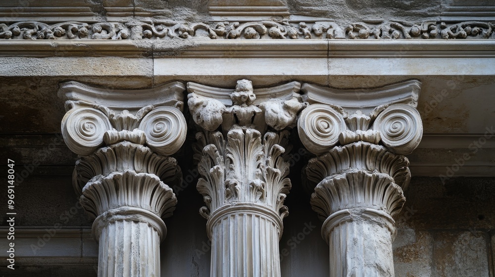 Poster close-up of ornate architectural columns showcasing classical design elements.