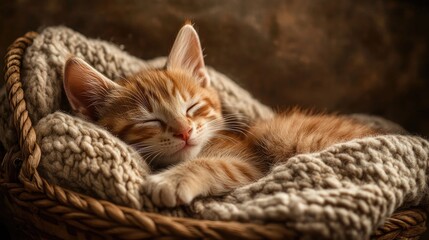 Naklejka premium A cute kitten sleeping peacefully in a cozy basket, with a soft blanket and a peaceful expression on its face, capturing its serene moment.