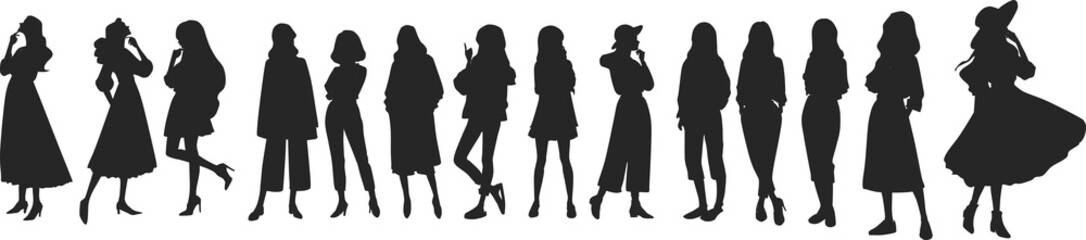 考え事をする女性のイラストシルエットセット