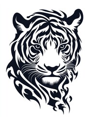 A stylized black and white illustration of a tiger's head.