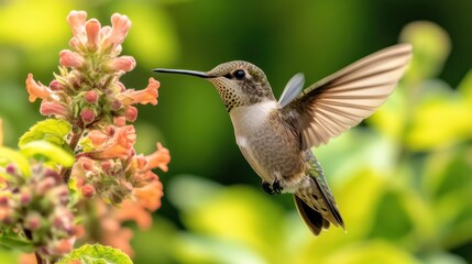 Fototapeta premium A hummingbird hovering near vibrant flowers, showcasing nature's beauty and pollination.