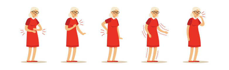 Elderly Woman Character Suffer from Ache in Different Body Part Vector Set