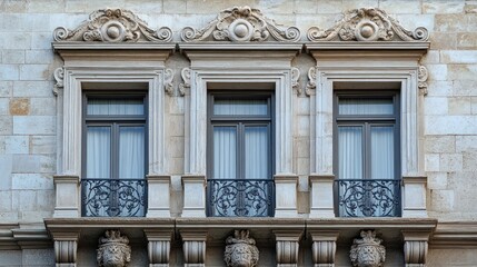 Ornate architectural facade featuring three windows and decorative elements.