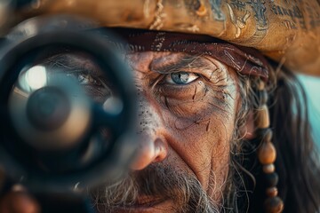 A seasoned pirate with intense gaze, aiming a firearm, showcasing intrigue and adventure in a historical setting.