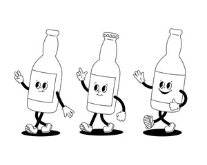 Vector set of linear monochrome illustrations of retro mascot characters walking glass bottles of beer or soda. Stickers isolated on white background