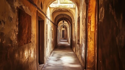 Fototapeta premium A dimly lit corridor with weathered walls and arches, evoking a sense of history.