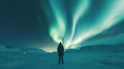 Obraz premium A person gazes at the mesmerizing northern lights in a snowy landscape.
