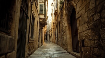 Fototapeta premium A narrow, sunlit alleyway with stone walls, inviting exploration in a historic setting.