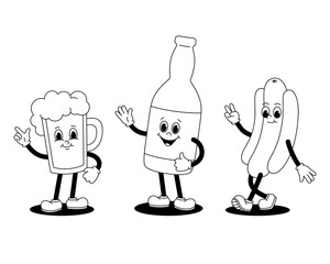 Vector set of linear illustrations of retro mascot characters walking glass of beer, bottle and hot dog.  Stickers isolated on white background