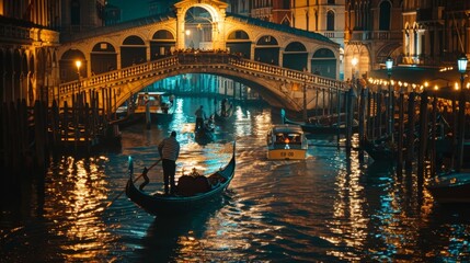 A Stunning Night View of Venice with Gondolas and a Beautiful Bridge