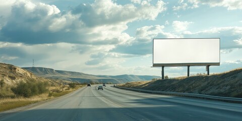 Blank billboard on a highway in a rural setting.