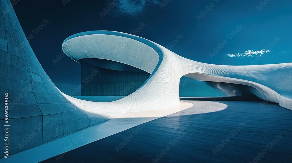 Poster a futuristic architectural design featuring flowing curves and smooth surfaces in a serene setting.