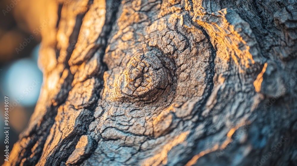 Poster close-up of tree bark showcasing intricate textures and patterns illuminated by sunlight.