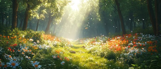 Fototapeta premium Sunbeams Illuminating a Forest Path with Colorful Flowers