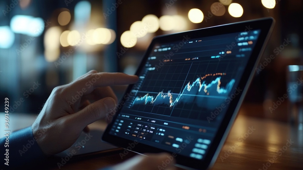 Poster a detailed image of a financial analysthands working on a tablet displaying real-time stock graphs a