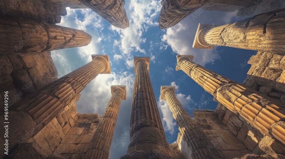 Poster a view of ancient columns reaching towards a cloudy sky, showcasing architectural grandeur.