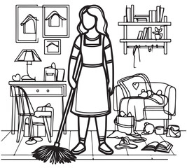 Vector art drawing of woman cleaning a room on white background. Sketch. Scattered Stuff