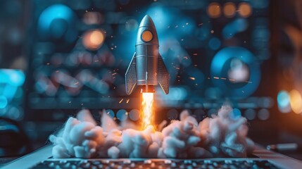 innovative rocket launch from a laptop signifying new business ideas and project development aimed at enhancing internet marketing strategies and growth