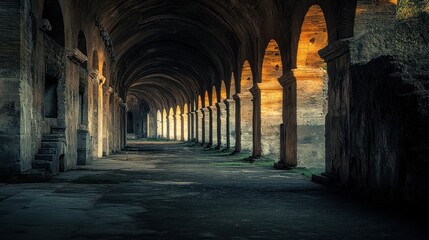 Obraz premium A dimly lit corridor with arched ceilings, showcasing ancient stone architecture.
