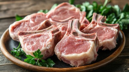 Fototapeta premium A detailed image of fresh pork chops with bone-in, arranged neatly on a plate or cutting board, showcasing their pink, tender texture.