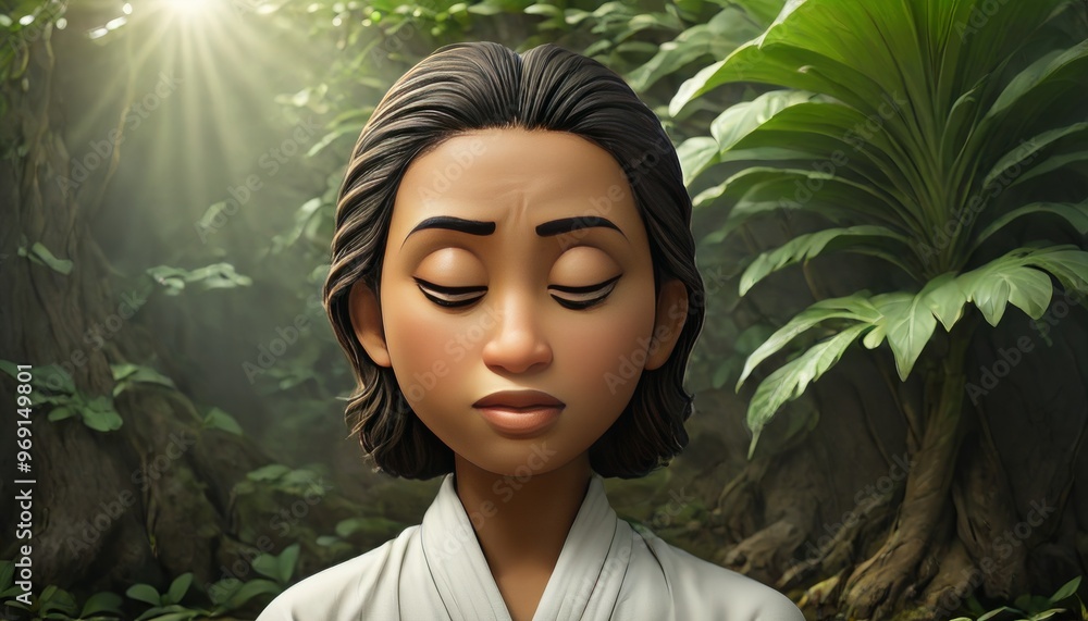 Poster an animated character with closed eyes is depicted in a serene forest, sunlight streaming through th